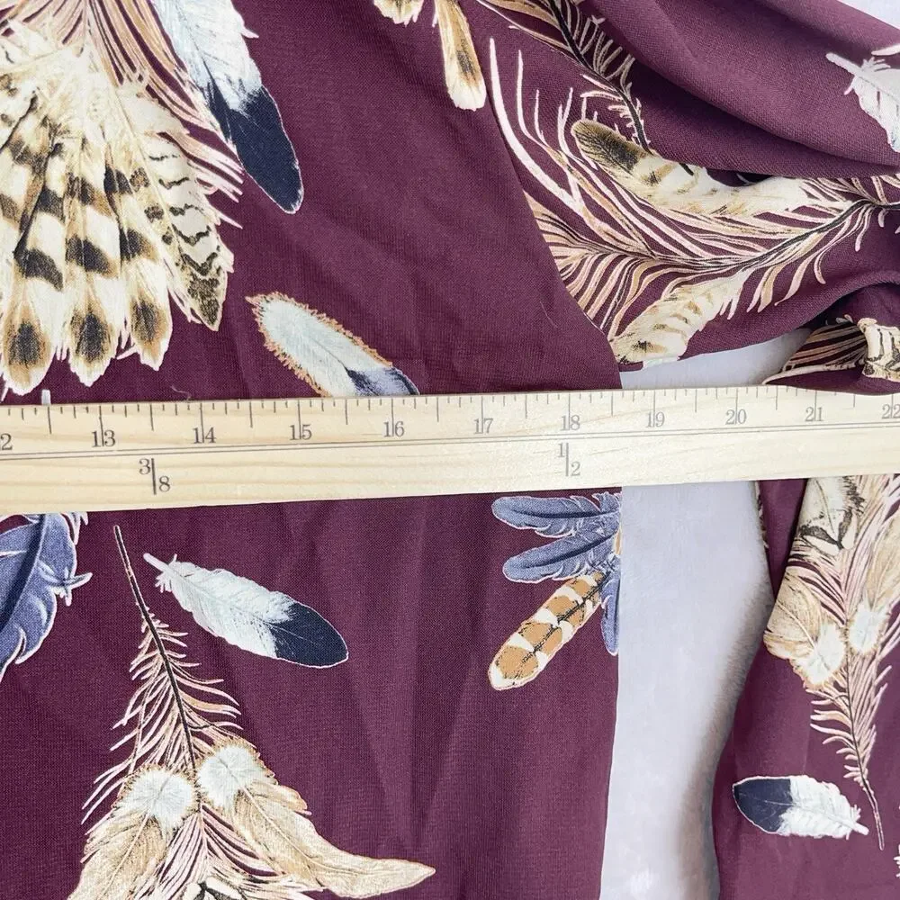 Pinkyotto New York Blouse Mock Nexk Feather Print Burgundy Top Med Boho Earthy